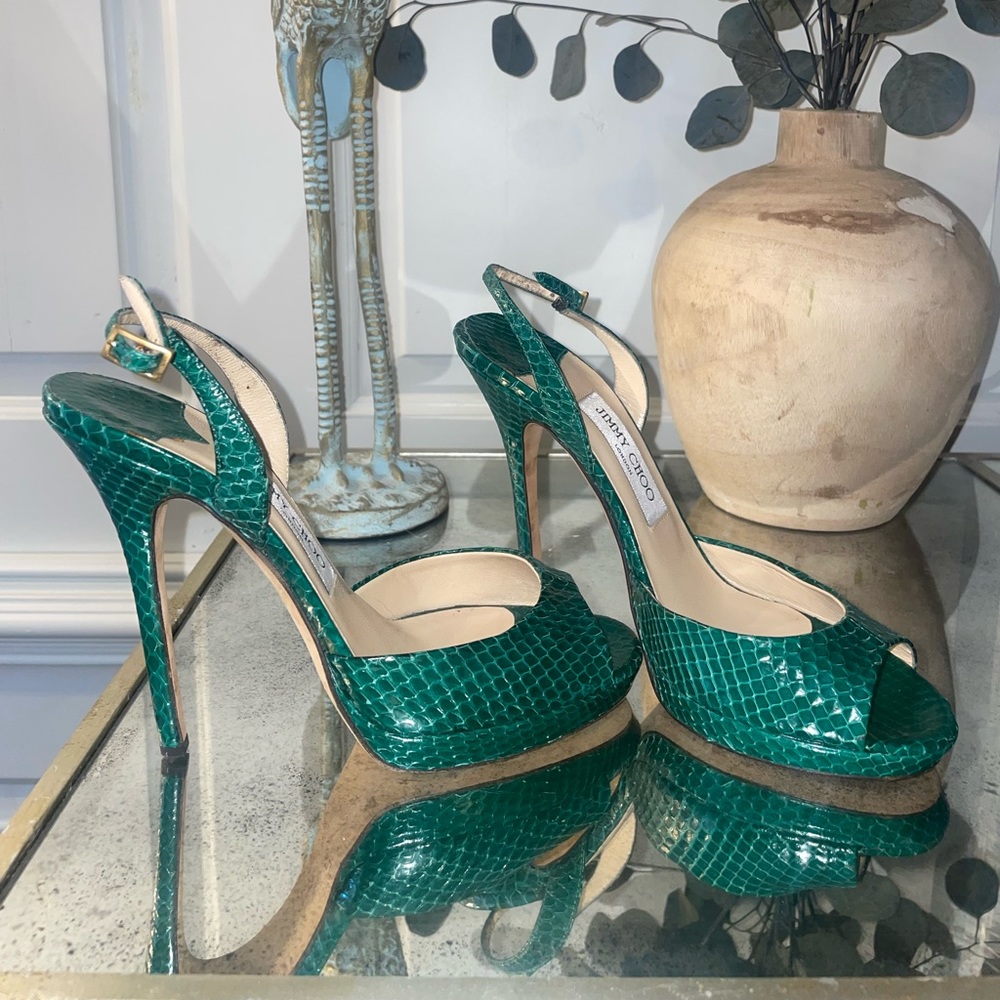 Emerald green snakeskin Jimmy Choo sling back stilettos, 38, almost brand new